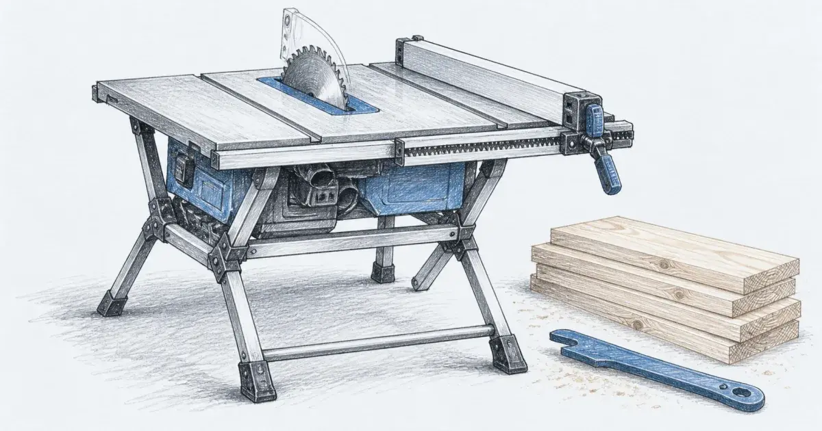 Pencil sketch of a jobsite table saw with a folding stand, a push stick, and a stack of cut boards on a garage floor