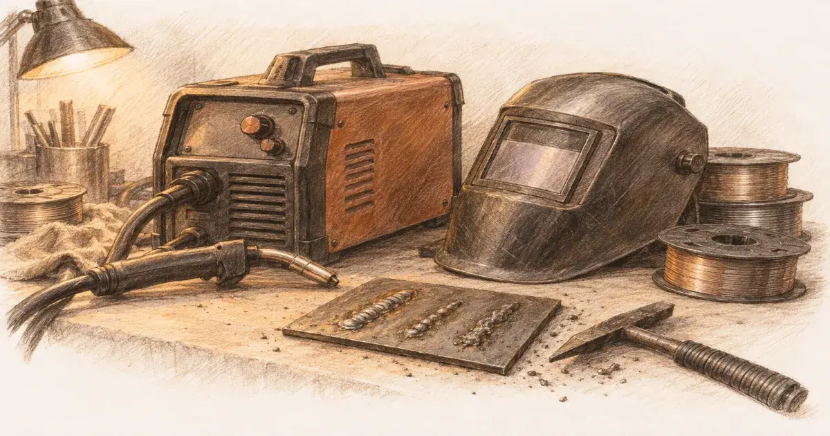 Pencil sketch of a compact MIG welder, helmet, wire spools, and a small plate of weld beads on a workbench