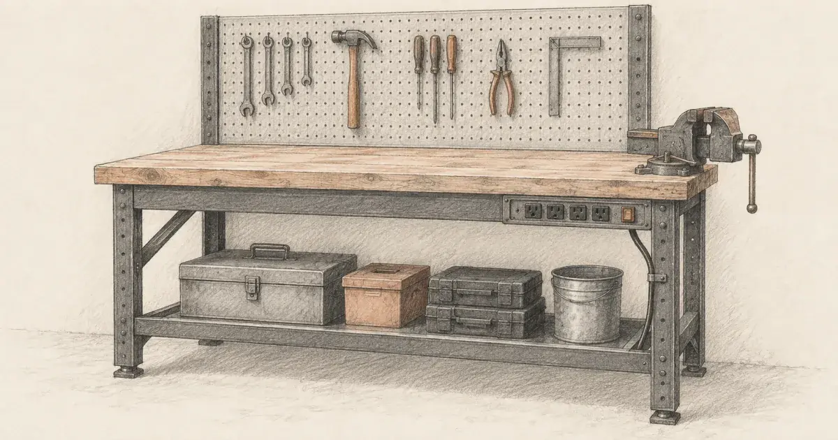 Pencil sketch of a steel workbench with a wood top, pegboard, power strip, and hand tools in a garage