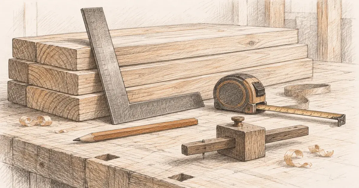 Board foot calculator beside a stack of lumber and a framing square