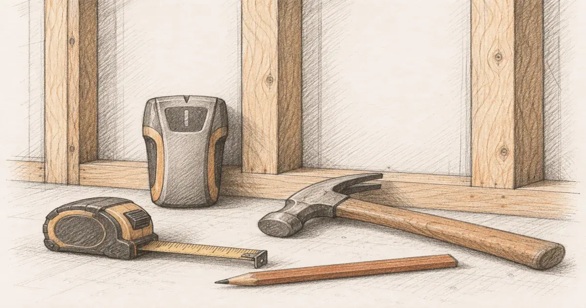 Stud calculator beside a framed wall and a stud finder