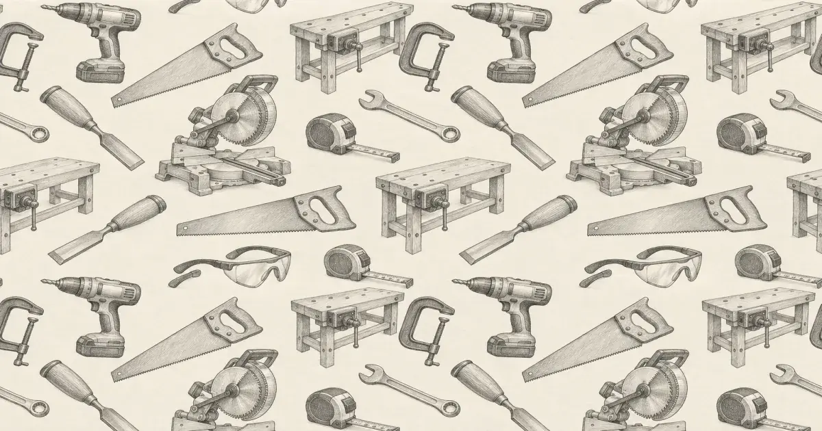 Monochrome pencil sketch pattern of power tools and workshop benches on cool cream paper