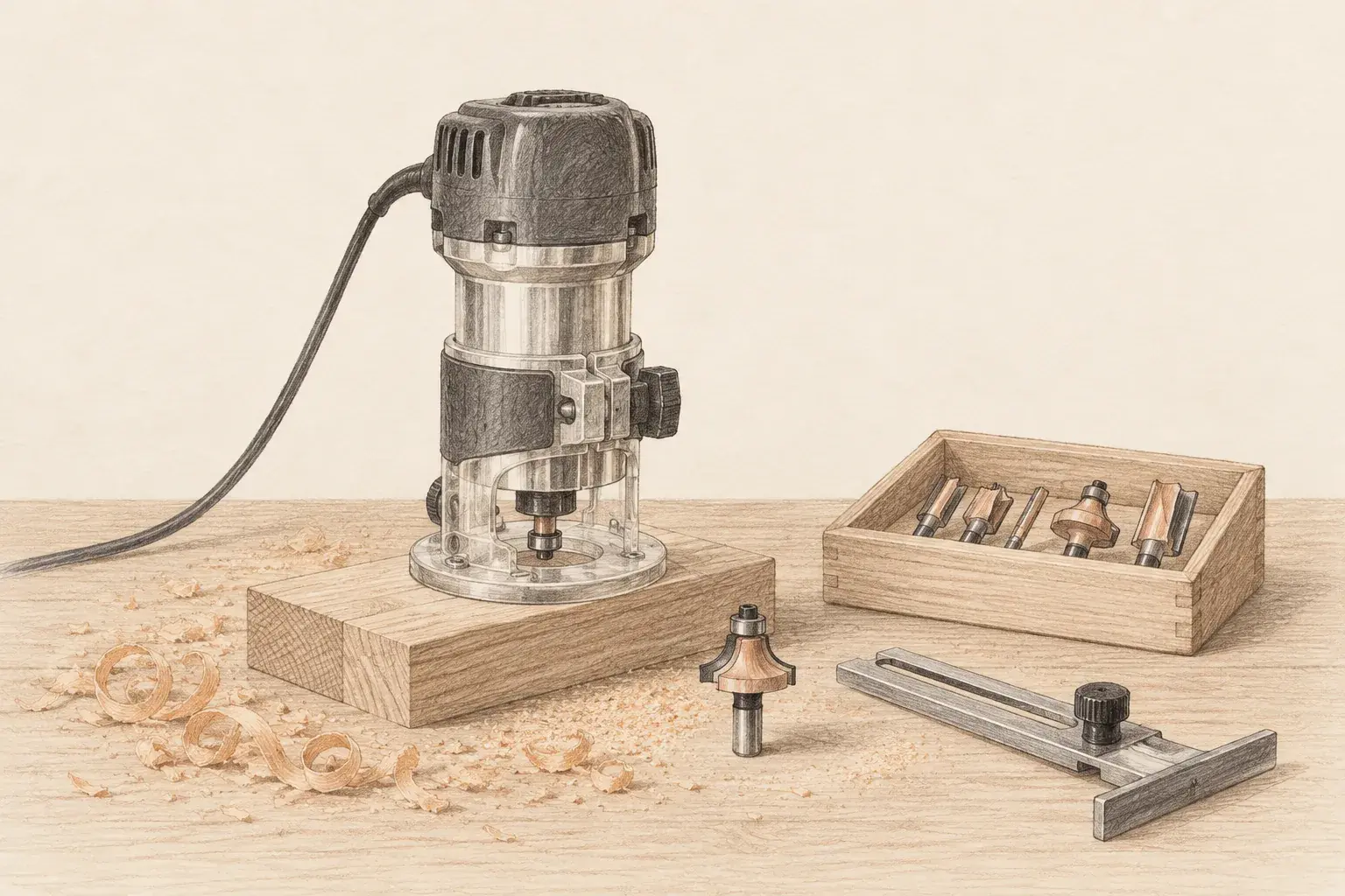 Pencil sketch of a compact palm router with a clear round sub-base on a plank, beside a tray of router bits, an edge guide, and curls of sawdust